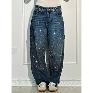 Women's Mid-Rise Wide Leg Boyfriend Jeans - Loose Straight Fit Rhinestone Embellished Denim With Comfort Stretch
