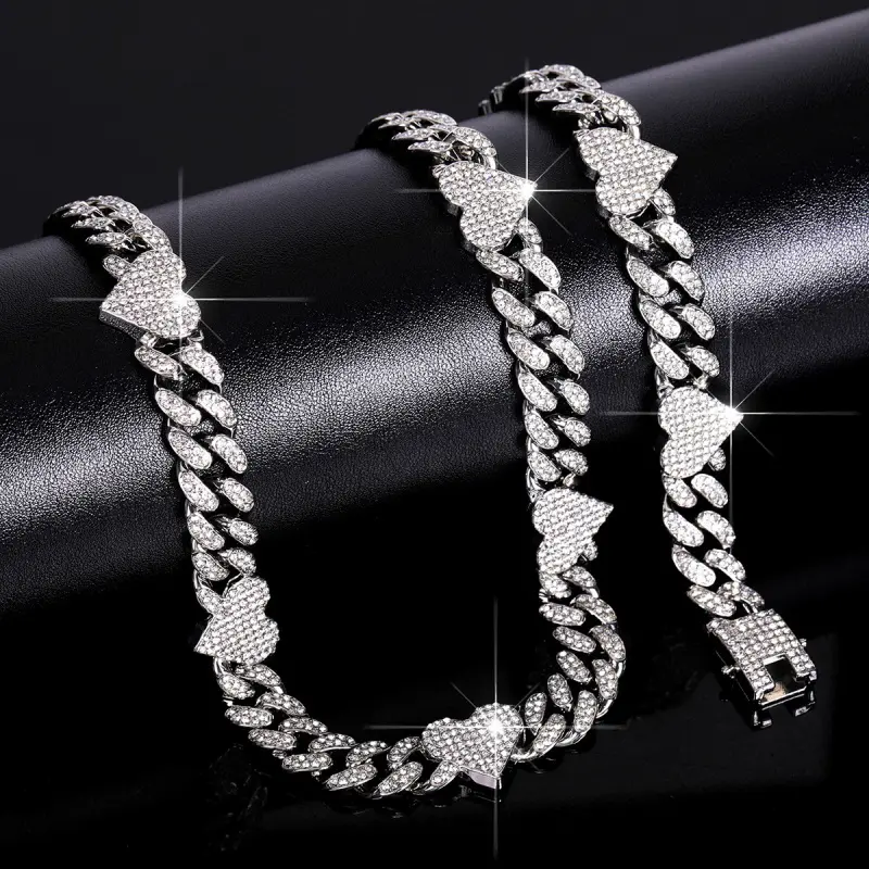 Hip Hop Iced Out Necklace & Bracelet Set with Heart Cuban Links for Women, Silver Plated CZ Paved Bling Jewelry Gift, Ice Necklaces
