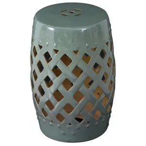 13" x 18" Green Glazed Ceramic Garden Stool - Woven Lattice Design, Strong Materials, Decorative Outdoor Furniture Stool