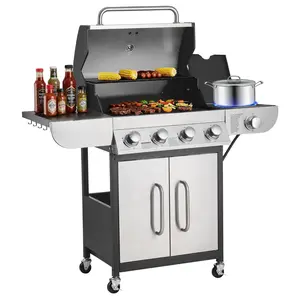 VEVOR Gas Grill, 4 Burner Propane Gas Grill with Side Burner, 425 SQ. In Grilling Area, Carbon Steel Enamel Grates, Outdoor 52, 000 BTU Patio Garden BBQ Grills with Two Side Shelves, Stainless Steel