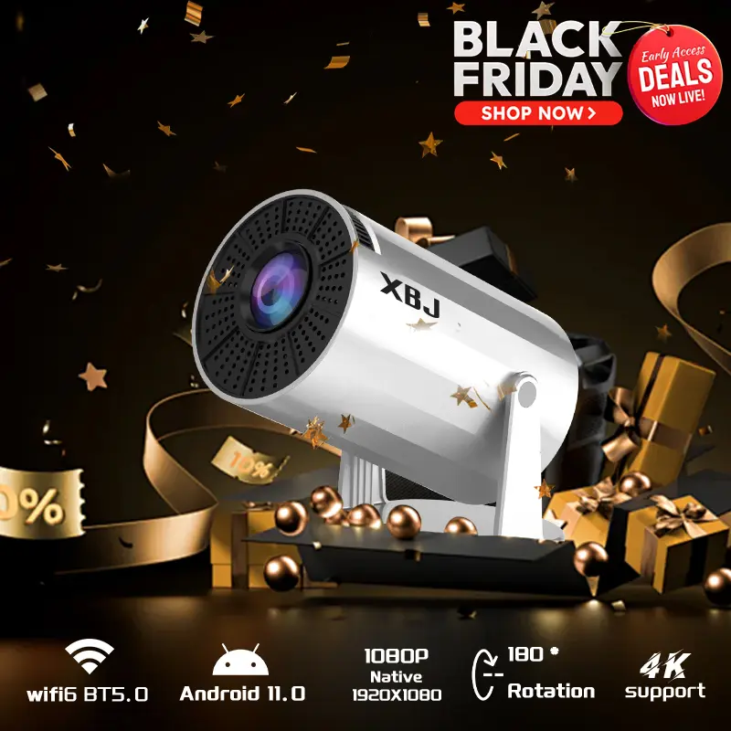 Portable Outdoor Home Theater Projector，XBJ Portable Decoding Projector Android 11, supports 1280P/720P display, wireless BT5.4, multifunctional for home theater and outdoor multi-device use, 270° rotatable, audio and screen, the best gift choice