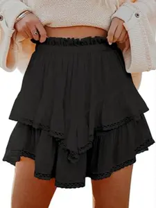 Women's Solid Ruffle Trim Layered Skirt, Casual Fashionable Short Skirt for Daily Wear, Ladies Bottoms for Spring & Fall
