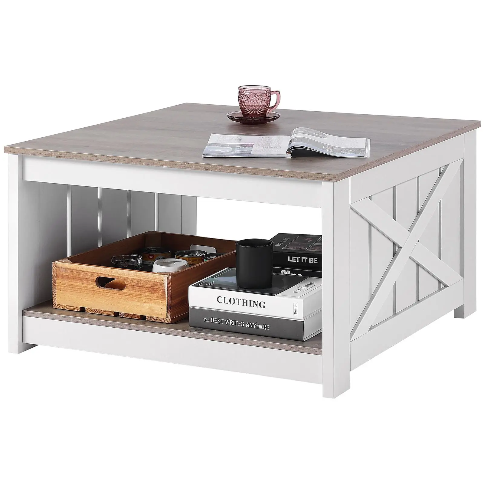 VEVOR 31.5" Farmhouse Coffee Table,  Square Coffee Table with Open Storage Compartment, Wooden Rustic Cocktail Table for Living Room, Bedroom, Apartment, Studio, Gray & White