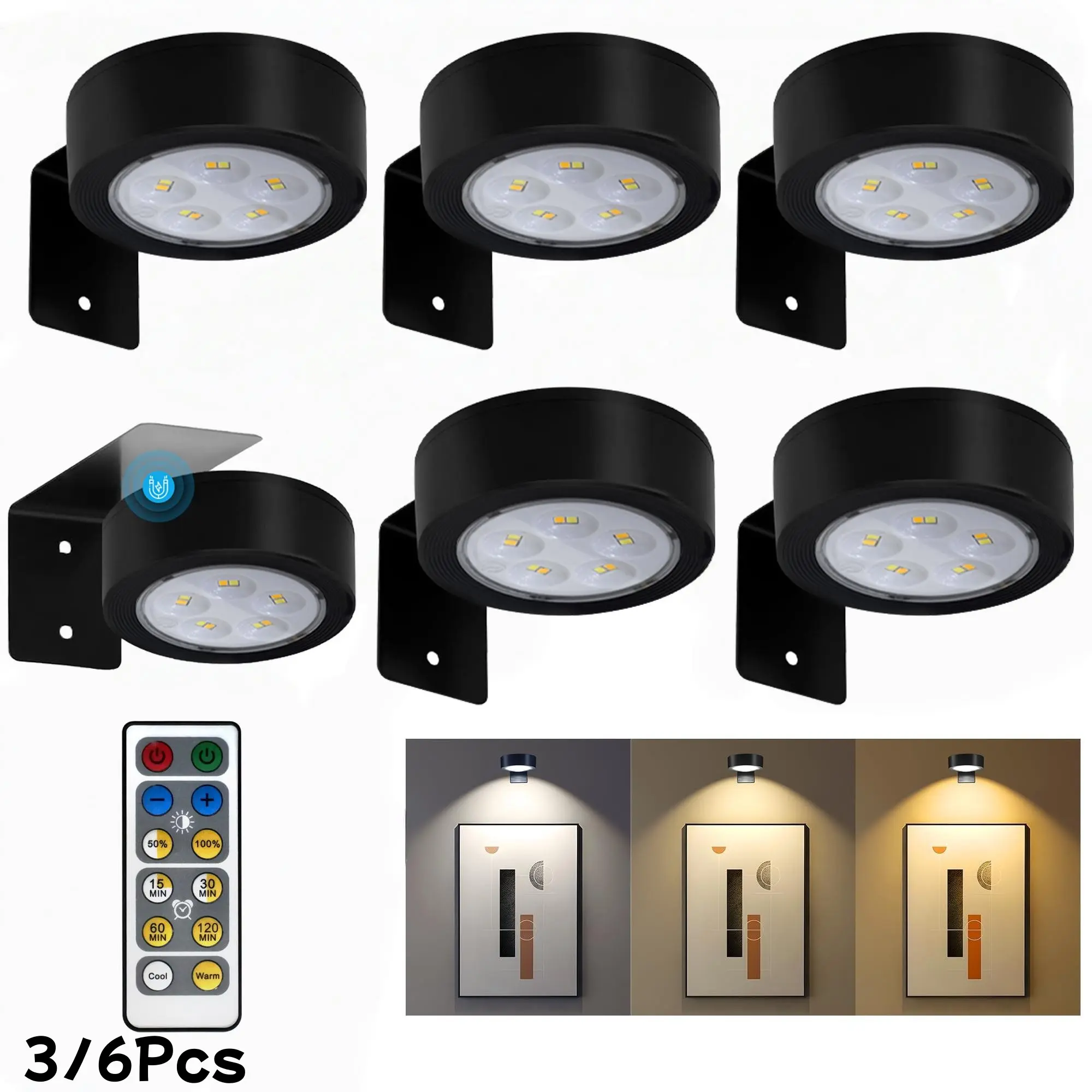 3/6pcs Battery Powered Dimmable Picture Light Magnetic Painting Lamp, 3 Lighting Modes, Remote Control, Adjustable Timer, Wireless Wall Decor Puck Light Adjustable Lights Electronic Lights