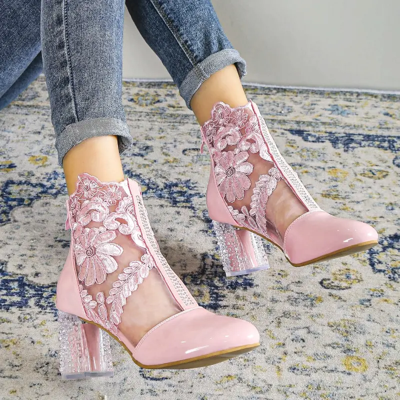 Pink Women's Short Boots, Flower Lace Ankle Boots with Clear Heeled and Back Zipper Girl Footwear Rubber Walking Shoes
