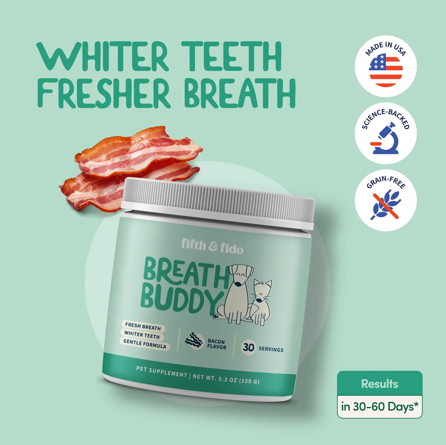 Fifth and Fido Breath Buddy Dog Dental Powder - Bacon Flavor Food Topper for Fresh Breath, Clean Teeth, Plaque Removal - Gentle, Natural Oral Care for Dogs - Sensitive Stomach Formula, Sprinkle Daily Tartar Remover, Chamomile, Pomegranate, Zeolite, Marshm