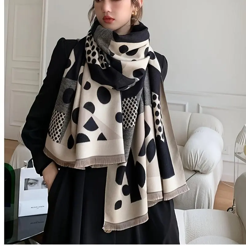 Female Polka Dot Keffiyeh Scarf - Long Printed Shawl with Black Beige Large and Small Dots, Warm Stylish Versatile No-Size Sports & Outdoor Accessory for Autumn Winter