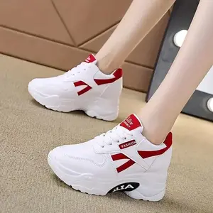 Women's Casual Dad Sneakers - White with Red Accents, Thick 3.15inch Sole, Lace-up, All-season Height-increasing Shoes, Casual Shoes |     Platform Sneakers |     Durable rubber shoe sole