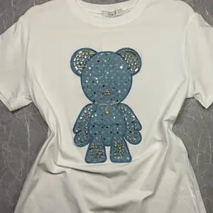 White Shirt with Cute Denim Bear Design Featuring Rhinestones for Stylish Comfort