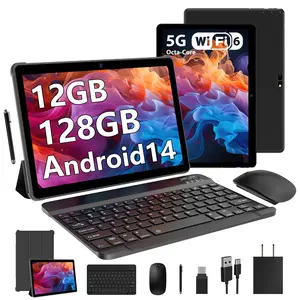 POWMUS 10 inch Android 14 Tablet PC, 12GB+128GB+1TB Expand, 10 inch Student Tablets Bundle with Keyboard Case, Stylus Pen, Octa-core CPU, AI Dual Camera, WiFi 5G, 8000mAh Battery + Fast Charge, Support Face Unlock, Black