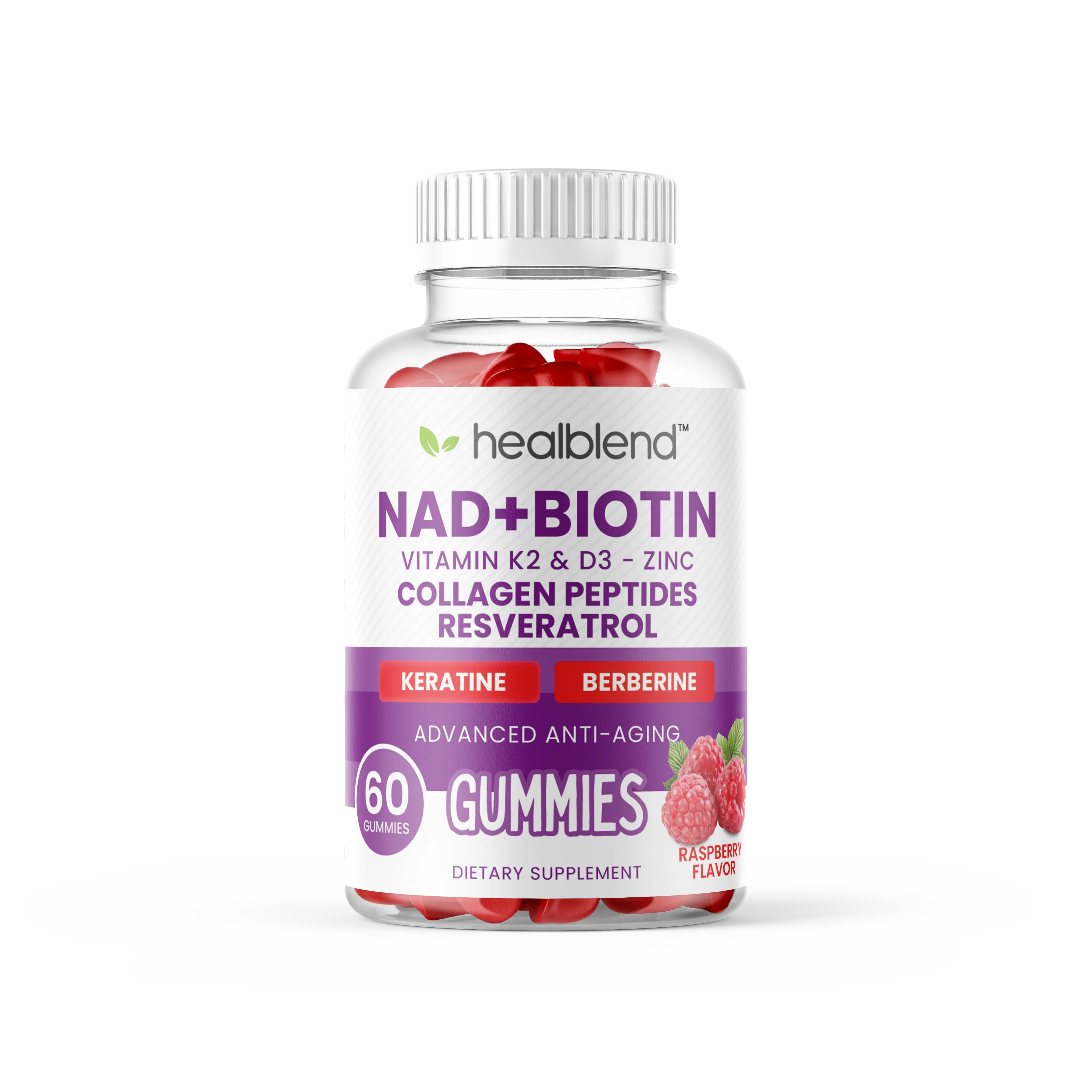 Healblend NAD+ Biotin Gummies – Collagen Peptides, Resveratrol, Keratin & Berberine – Anti-Aging Hair, Skin & Nail Support – Vitamin K2 & D3, Zinc – Raspberry Flavor – 60 Gummies