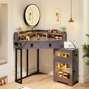 Dystler Corner Vanity with Mirror and Lights,Modern Makeup Vanity Set with Charging Station for Bedroom/Cloakroom,Glass Top Vanity Table with Drawers and Shelves
