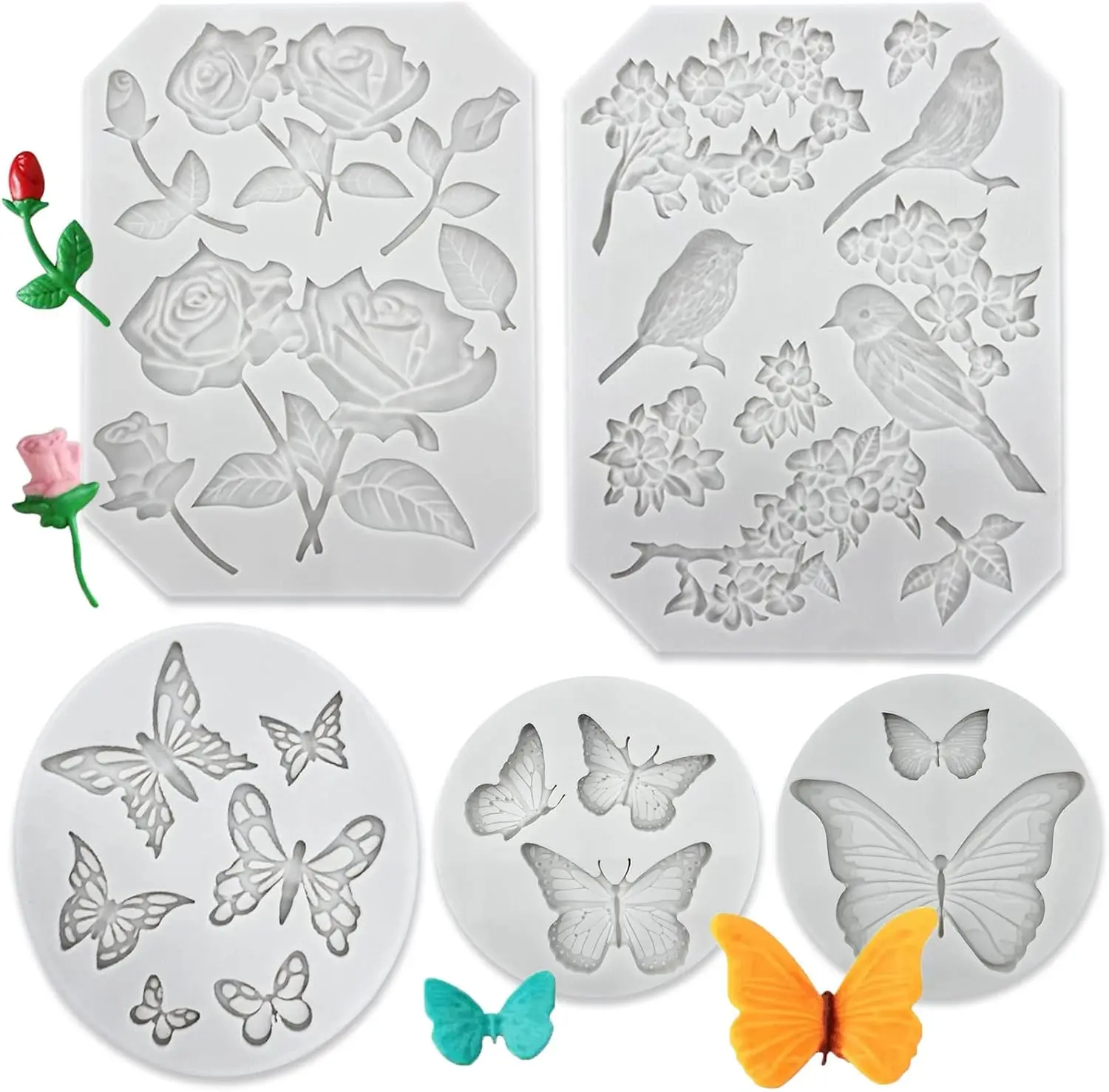 5Pcs Butterfly Rose Flower Stems Birds Blossoms Silicone Fondant Mold, for Making Chocolate Fondant Jelly Polymer Clay Soap Crafting DIY Projects and Cake Decoration