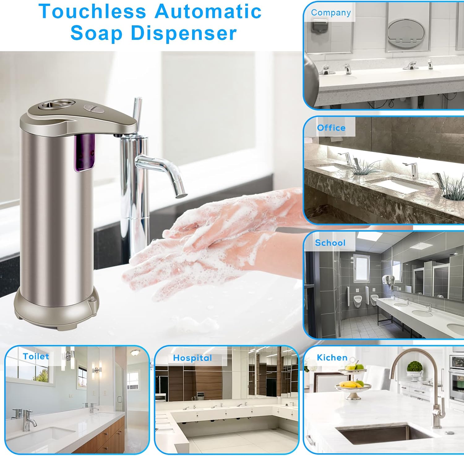 Automatic Soap Dispenser, 3 Adjustable Dispensing Levels with Stainless Steel, Infrared Motion Sensor & Waterproof Base, Smart Touchless Soap Dispenser for Bathroom, Kitchen, School and Hotel Use