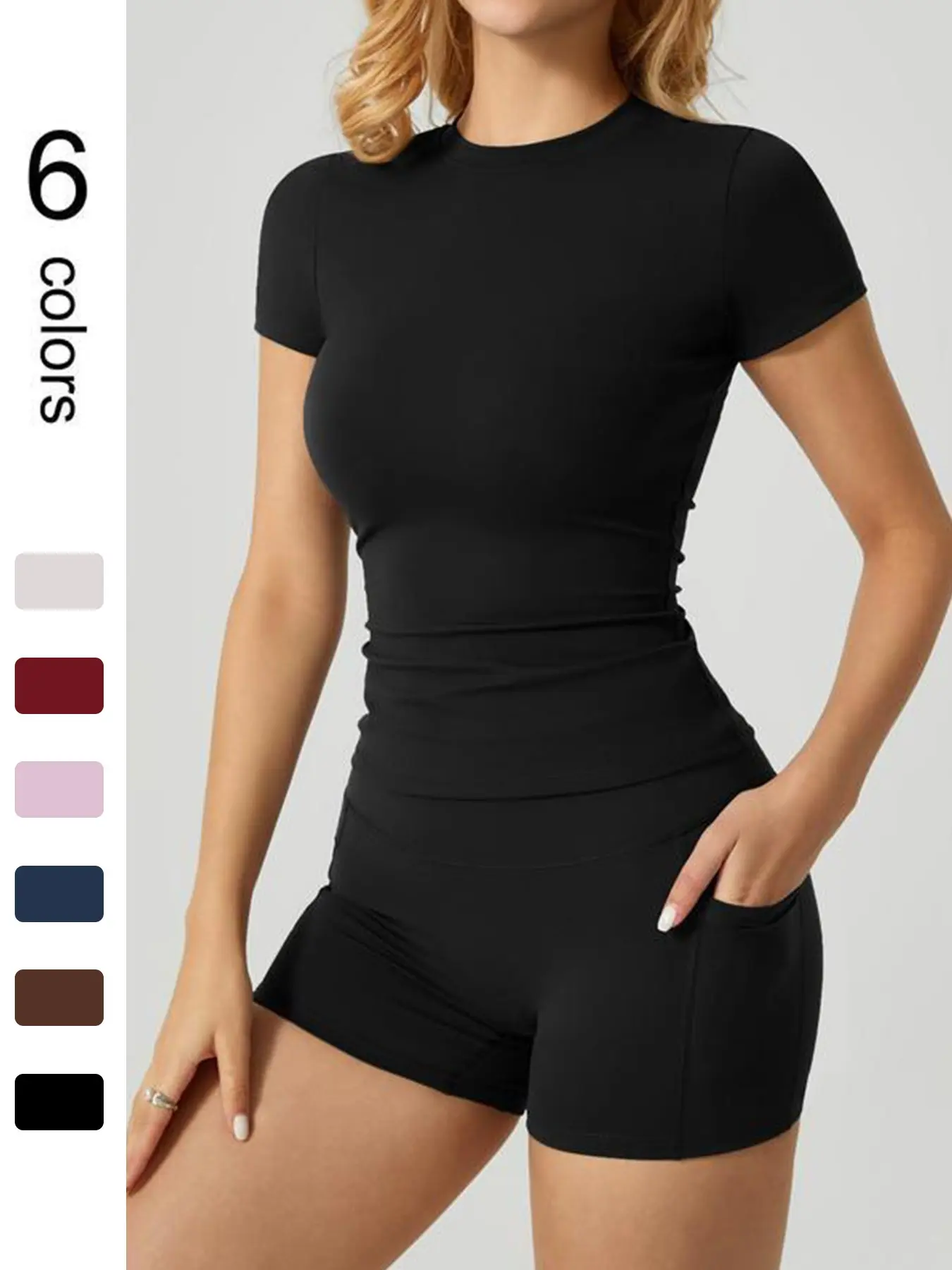 Women's High-Waisted Shorts Set, Slim Fit Polyester Round Neck, Casual All-Season Wear, Pocket Design, Comfortable and Fashionable, Womenswear