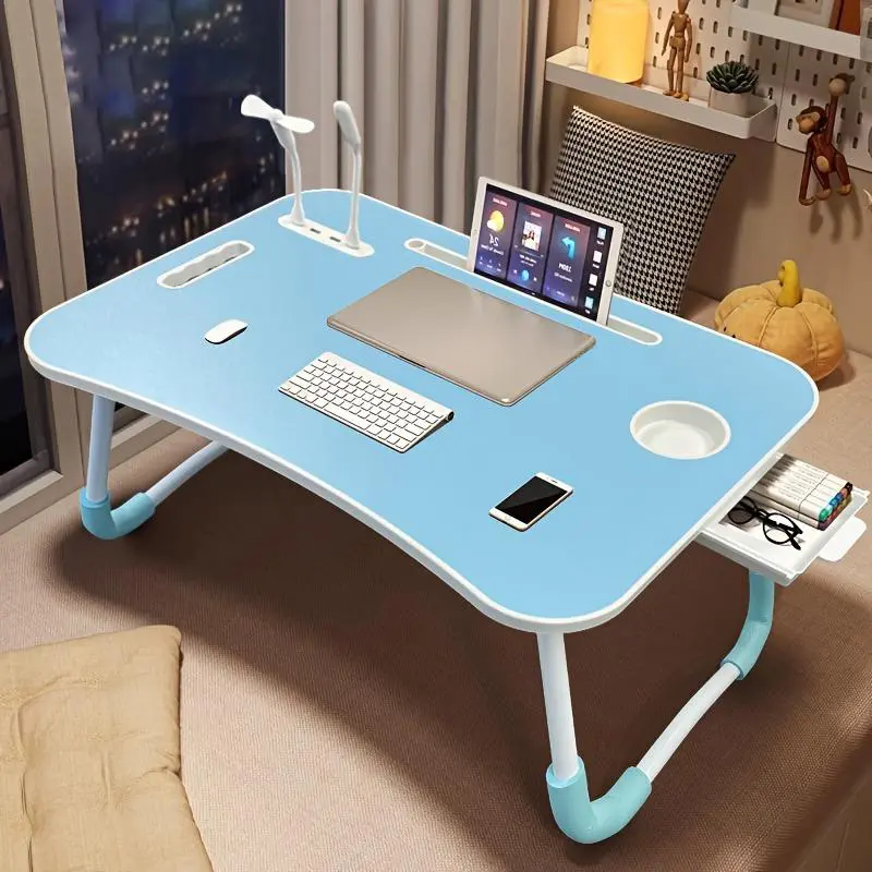 Folding Desk - Foldable Office Furniture Workstation, Portable Lap Desk Tray with USB Ports, Storage Drawer, Cup Holder for Bed, Couch Use