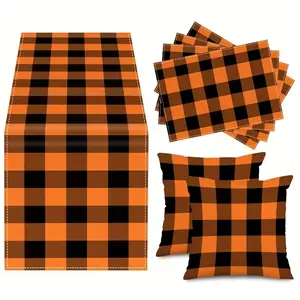 7-Piece Table Runner Set, & Plaid Dining Mats and Pillow Covers, Outdoor Family Daily Use, All-Season Home Decor