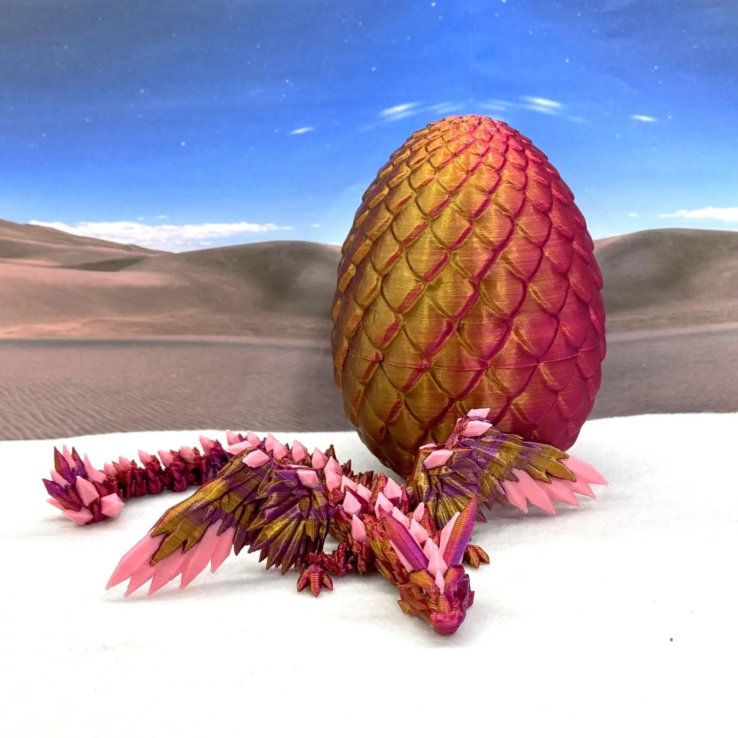 3D Printed Dragon with Wings, Crystal Winged Dragon and Dragon Egg, 8" Articulated Red Purple Gold & Pink Winged Dragon, Fidget ADHD Autism Toy Decor Magical