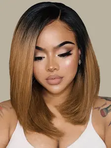 Short Bob Wig Bowl Cut Wig Ombre Wig for Women, Black To Brown Synthetic Wigs, Wear and Go Guleless Wigs for Daily Date Vacation Cosplay Use