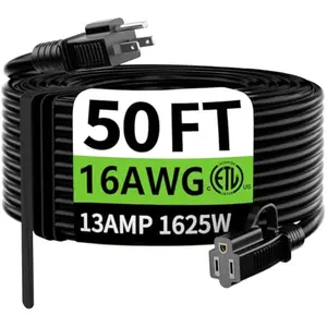 Indoor Outdoor Black Extension Cord 50 ft Waterproof, 16/3 Gauge Flexible Resistant Appliance Extension Cord Outside, 13A 1625W 16AWG SJTW, 3 Prong Electric Cable, ETL Listed