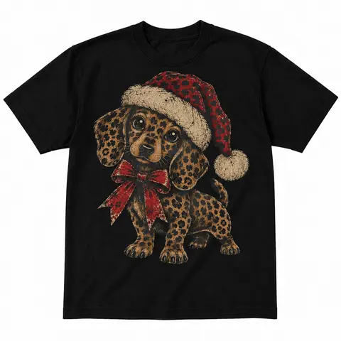 Funny Christmas Dog Shirt, Leopard Print Dachshund Tee, Cute Santa Puppy Graphic T-Shirt, Vintage Holiday Dog Lover Gift, Unisex Black Tee