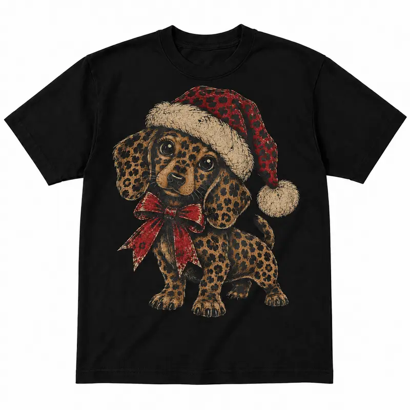Funny Christmas Dog Shirt, Leopard Print Dachshund Tee, Cute Santa Puppy Graphic T-Shirt, Vintage Holiday Dog Lover Gift, Unisex Black Tee