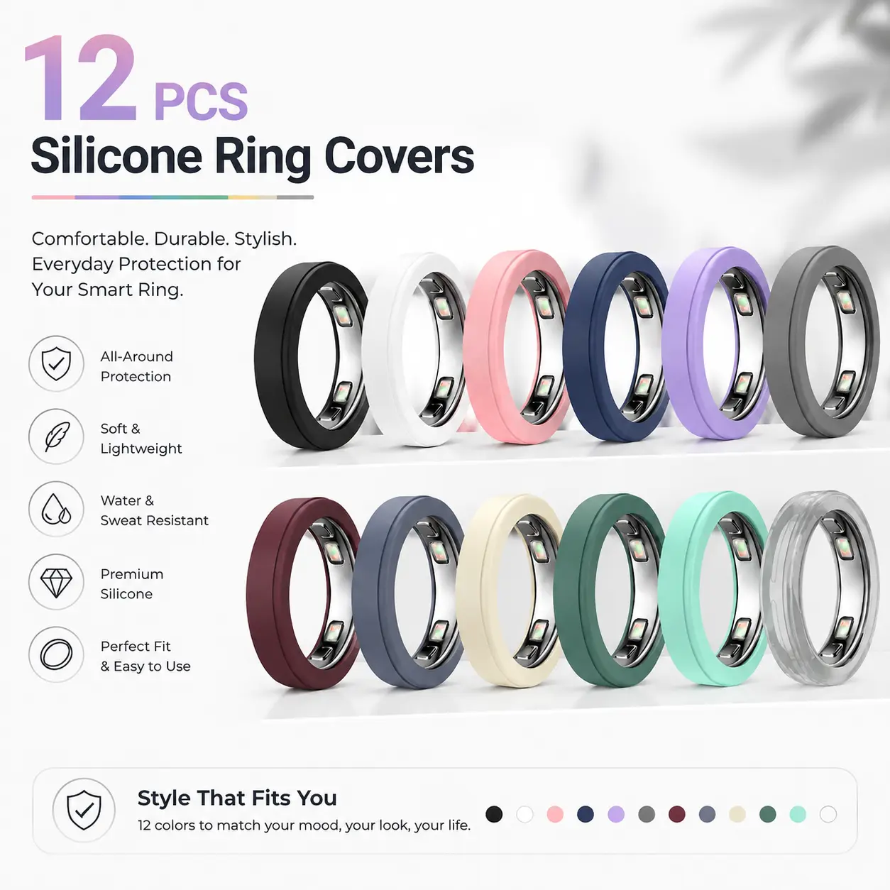 12Pcs Colorful Silicone Ring Protector Sleeves for Oura Ring 5, Anti-Scratch Lightweight Smart Ring Covers for Men Women, S/M Sizes Fit US6-13, Soft Ring Guards for Daily Outfit Matching, Couples and Tech Gifts