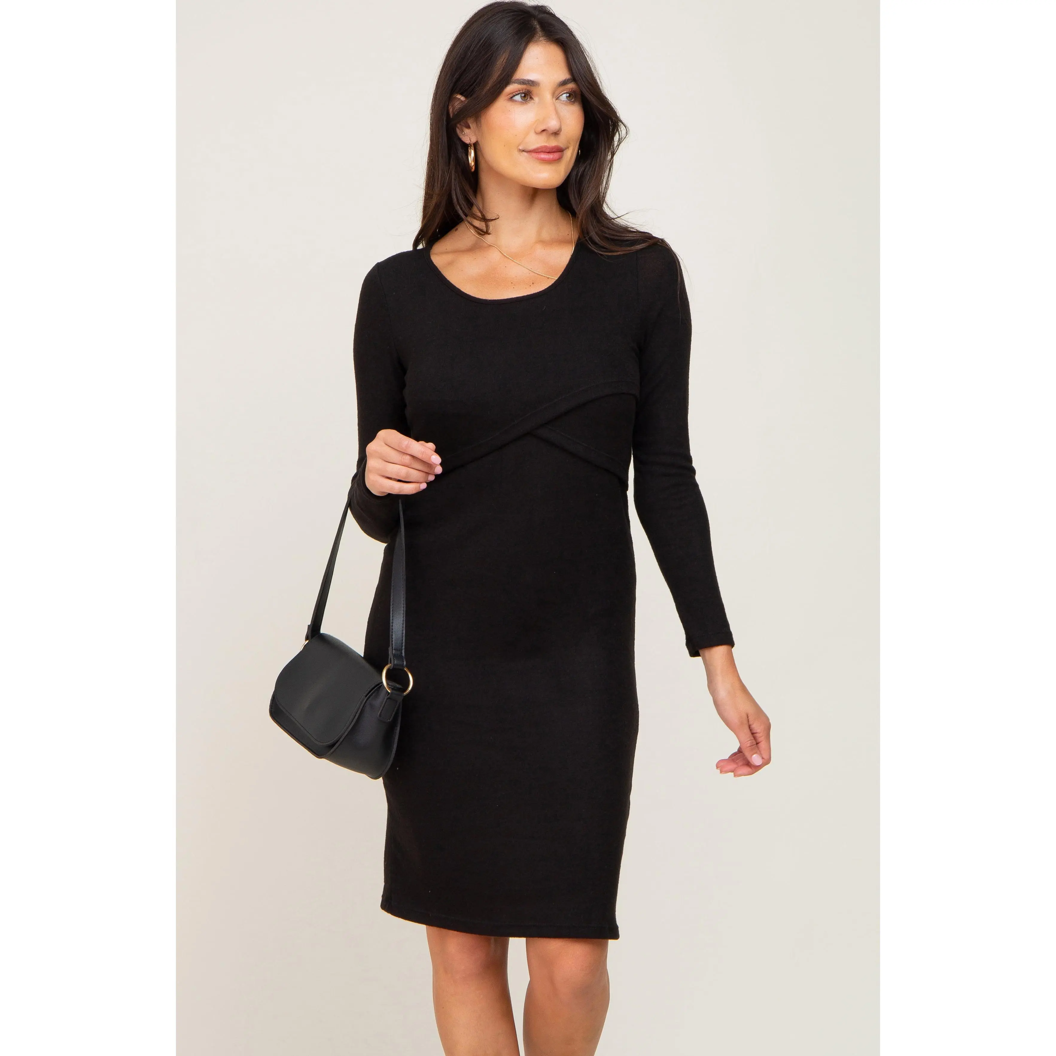 Black Brushed Knit Long Sleeve Wrap Nursing Dress, Postpartum Outfit, Nursing Friendly Clothes