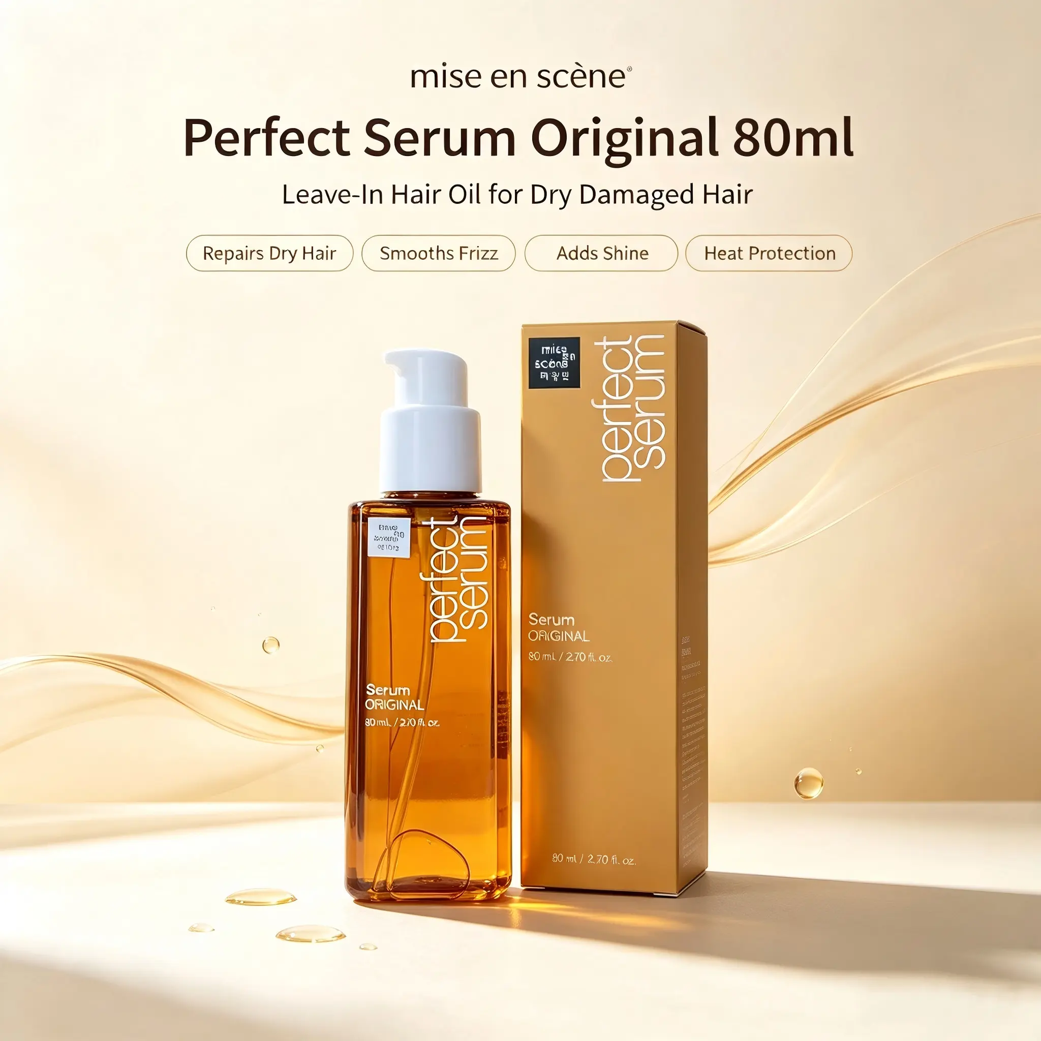 Mise‑en‑scène Perfect Serum Original Hair Oil 80ml, Leave‑in Hair Serum Treatment, Argan Oil Nourishing Hair Oil, Anti‑Frizz, Shine, Heat Protection for Dry Damaged Frizzy Hair, 1‑Pack / 2‑Pack /3‑Pack Optional
