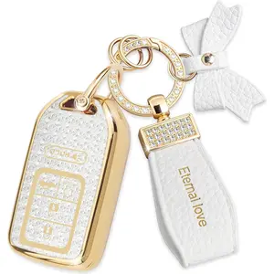 Key Fob Cover with Diamond Keychain, Car Key Shell for Women, Compatible with Honda Accord Civic Pilot Ridgeline Passport 2016-2022 Key Protector (5 Buttons-Gold Bowknot)