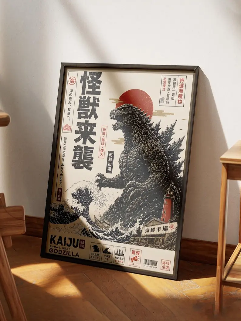 Japanese Wall Art - Vintage Godzilla Print, Asian Ukiyo-e Giant Sea Monster Art, Kaiju Artwork, Japanese Poster for Retro Home Decor