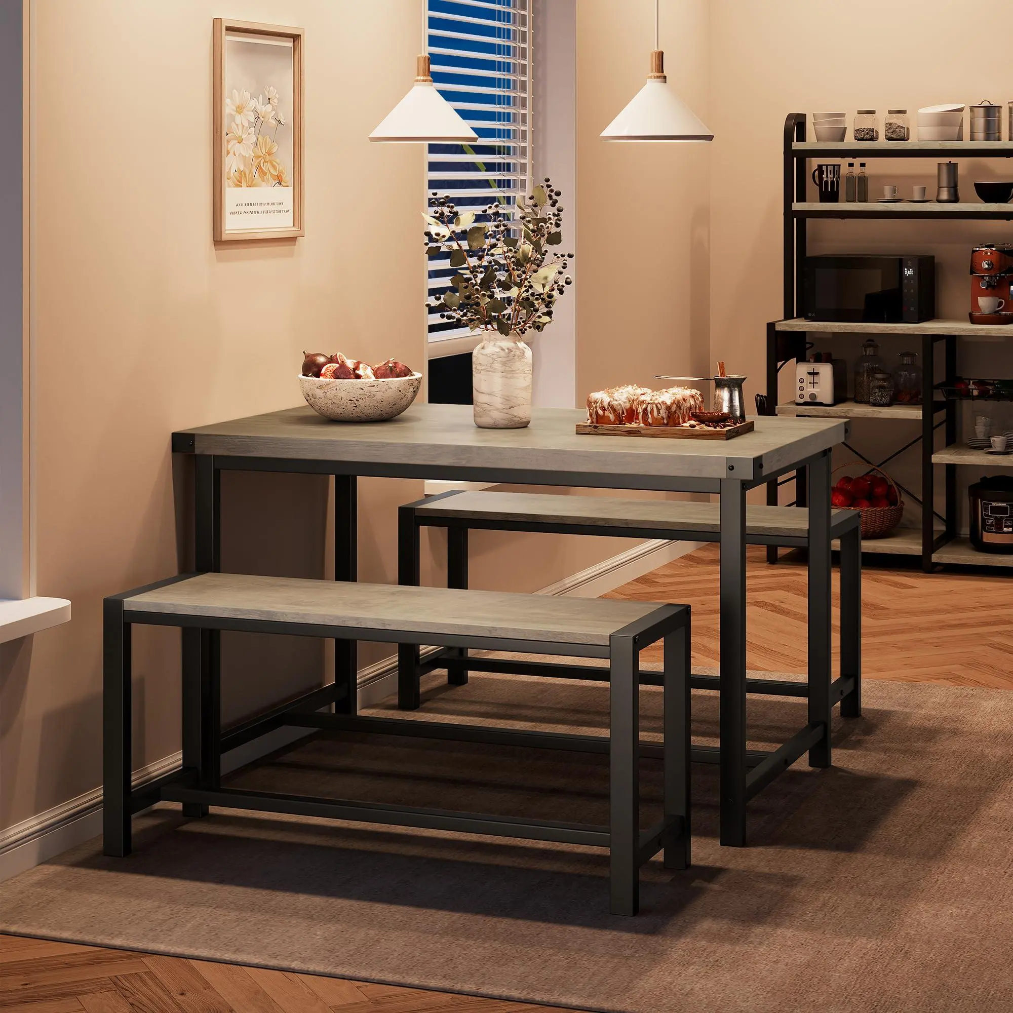 GARVEE Dining Table Set for 4 with 2 Benches, 3-Piece Kitchen Table Set, Space-Saving Dining Set for Kitchen, Dining Room, Gray