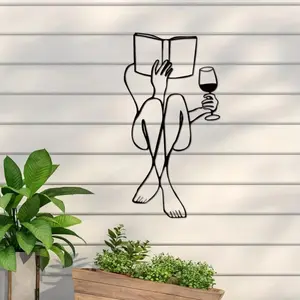 Woman Reading Book with Wine Pattern Metal Wall Art, Minimalist Line Art Wall Decor, Wall Decor for Home Living Room Bedroom Garden, Decoration Items, Artistic