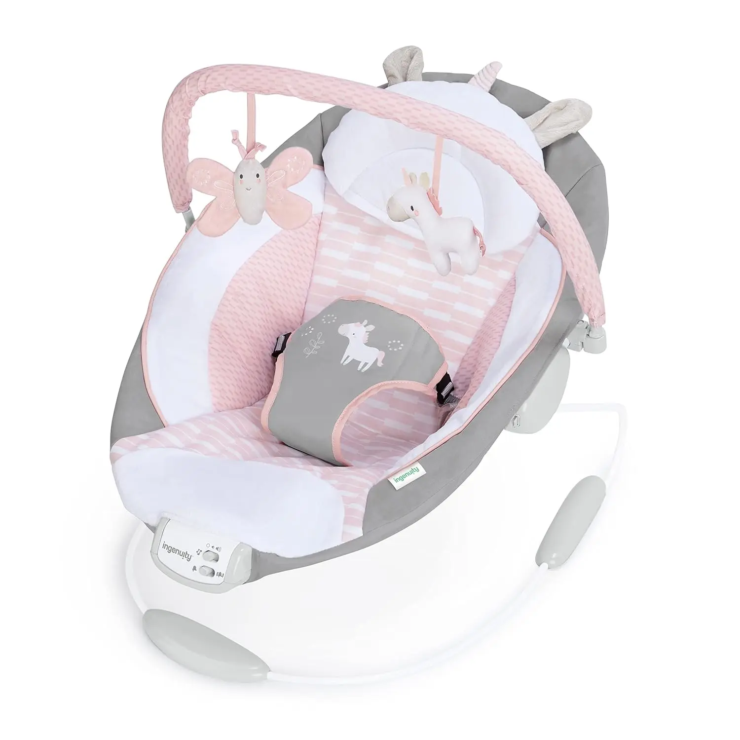 Baby Bouncer Seat with Vibrations & Sounds – Soothing Infant Rocker with Toy Bar, Safe Support for Newborns 0–6 Months, Up to 20 lbs (Pink Unicorn)