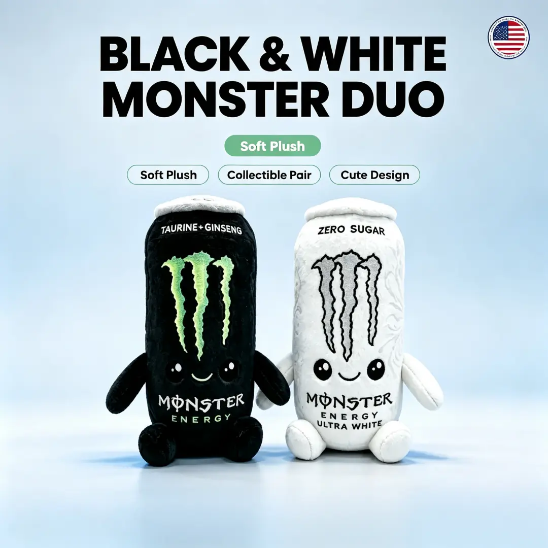 Cute Monster Energy Drink Can Plush Toy,  6 in & 8.7 in Soft Plushies for Gamer Desk Decor,Black & White Monster Energy Ultra White Stuffed Doll, Soft Simulation Beverage Can Plush Figure