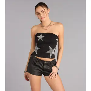 Nightfall Star Rhinestone Lace-Up Denim Top