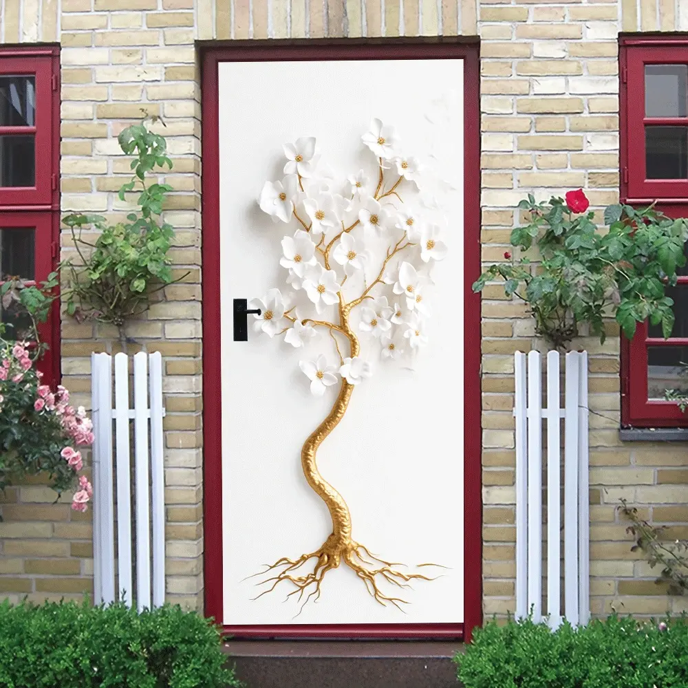 2pcs Golden Branch White Magnolia Wall Sticker Relief Decorative Sticker for Living Room Entrance Self Adhesive Removable Modern Home Wall Decoration Art Decal for Bedroom Study Room Background Wall De