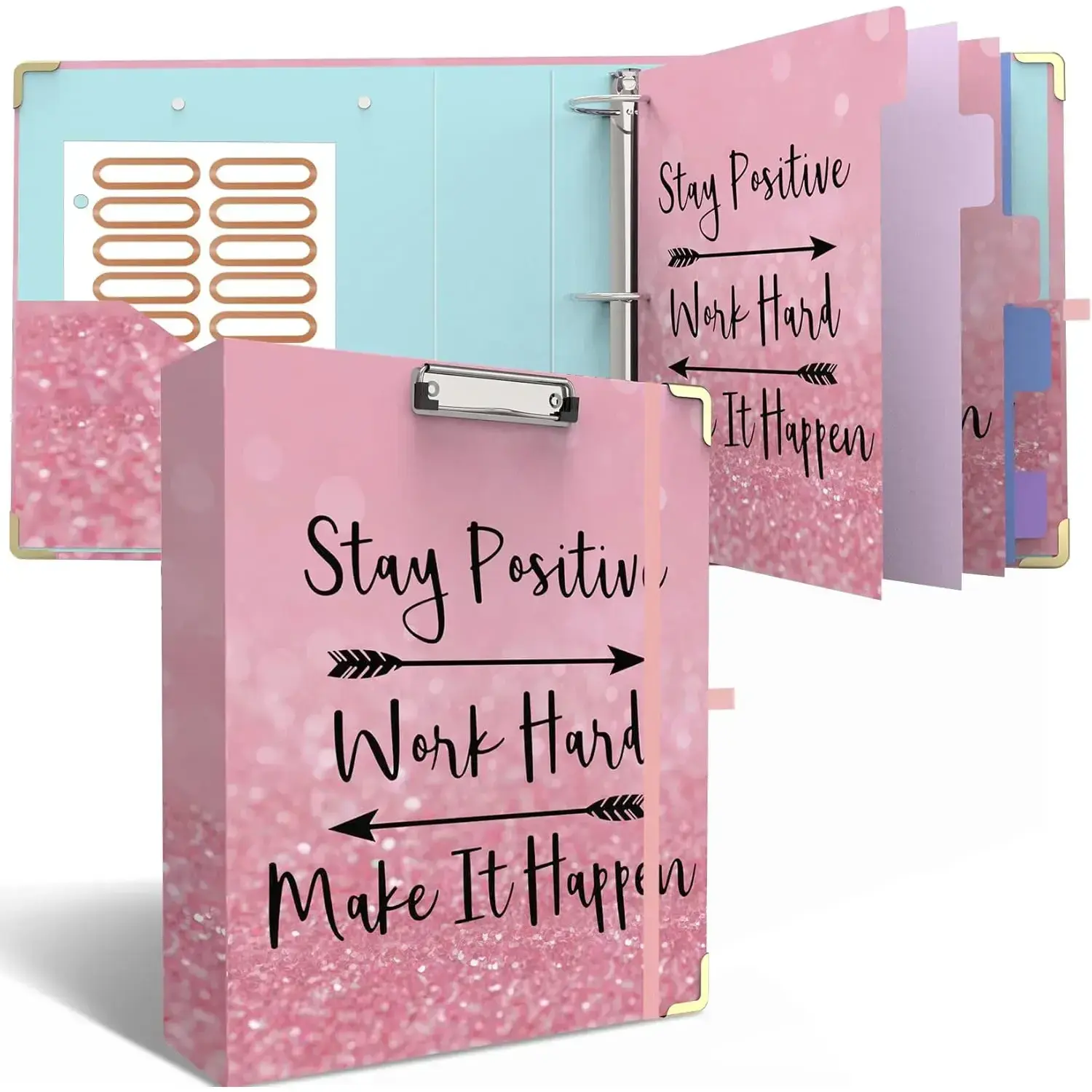 3 Ring Binder 2 Inch, Cute Pink Round Ring Binders with 6 Tab Dividers, Labels Stickers, Low Profile Clipboard with Storage, Fashion Binder School Office Supplies(Stay Positive)