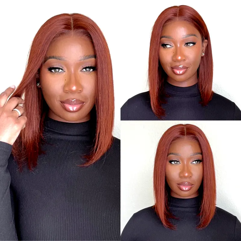 Unice Women's 24-Inch Reddish Brown Yaki Straight 10-Inch Bob Lace Front Wig, 7x5 HD Frontal Human Hair, Pre-Cut, Pre-Plucked Hairline, Glueless Wigs Human Hair, Heat Resistant Fashion Accessory