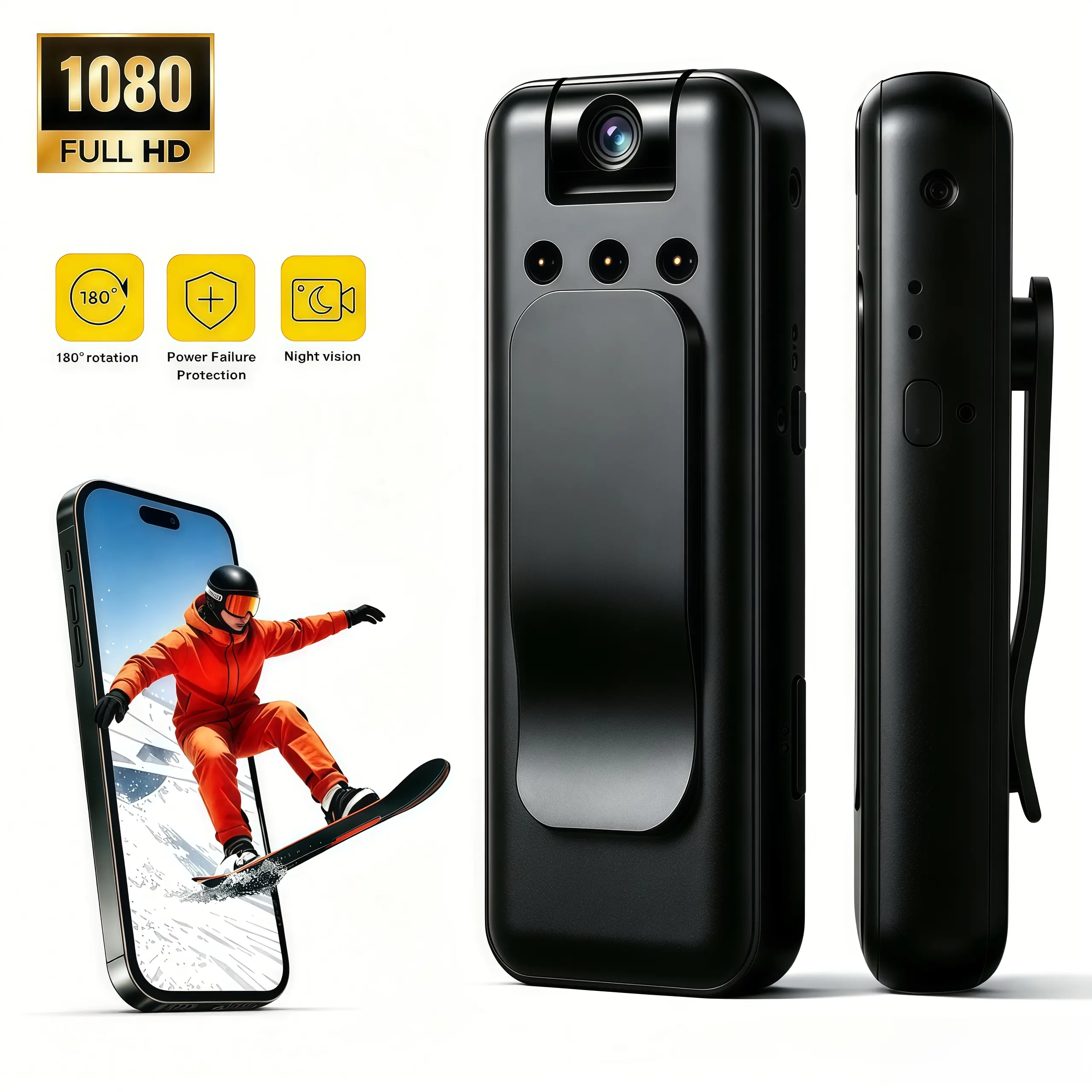1080P Clip-On Body Camera - 2.4G WiFi, 180° Rotatable Lens, Night Vision, Motion Activation, Loop Recording, Auto File Save, Power Failure Protection, Audio Recording, Micro SD Card & Cloud Storage, Wearable Recorder for Patrol, Camping