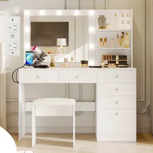 VOWNER 47" Makeup Vanity Desk with Power Outlet, Storage Shelves and 6 Drawers, Makeup Desk with Stool for Women Girls
