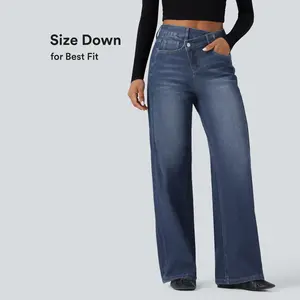 Asymmetric high waisted washed casual loose jeans with pocketsRAIMENTRY