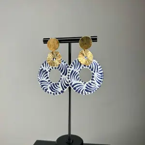 Talavera Azul and Gold Dangle Earrings for Women - Perfect for Any Occasion