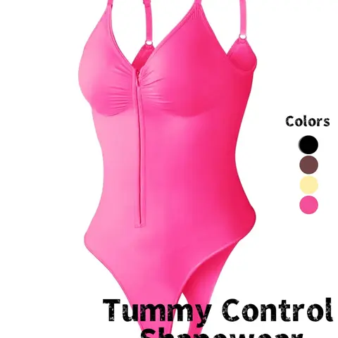Women's Seamless Compression Elastic Bodysuit, Front Zipper Design, Tummy Control Thong Style, All Seasons Wearable, Breathable, Comfortable Fit, Underwear, Shaper Bodysuits