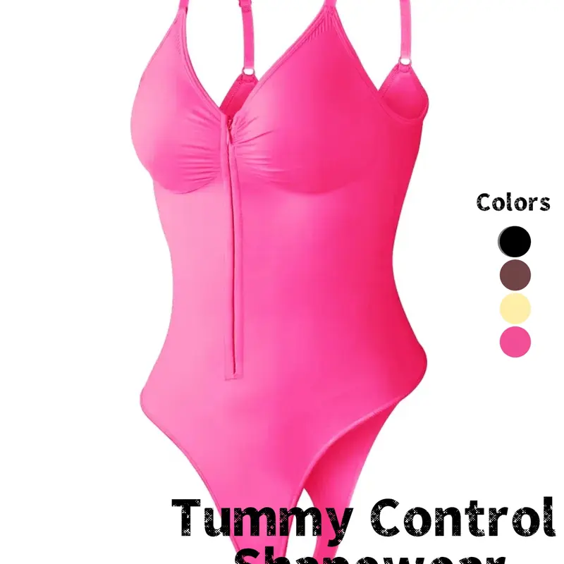 Women's Seamless Compression Elastic Bodysuit, Front Zipper Design, Tummy Control Thong Style, All Seasons Wearable, Breathable, Comfortable Fit, Underwear, Shaper Bodysuits