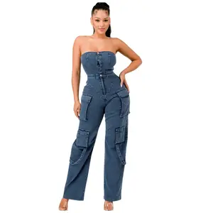 Stretchy cargo jumpsuit strapless Womenswear Denim