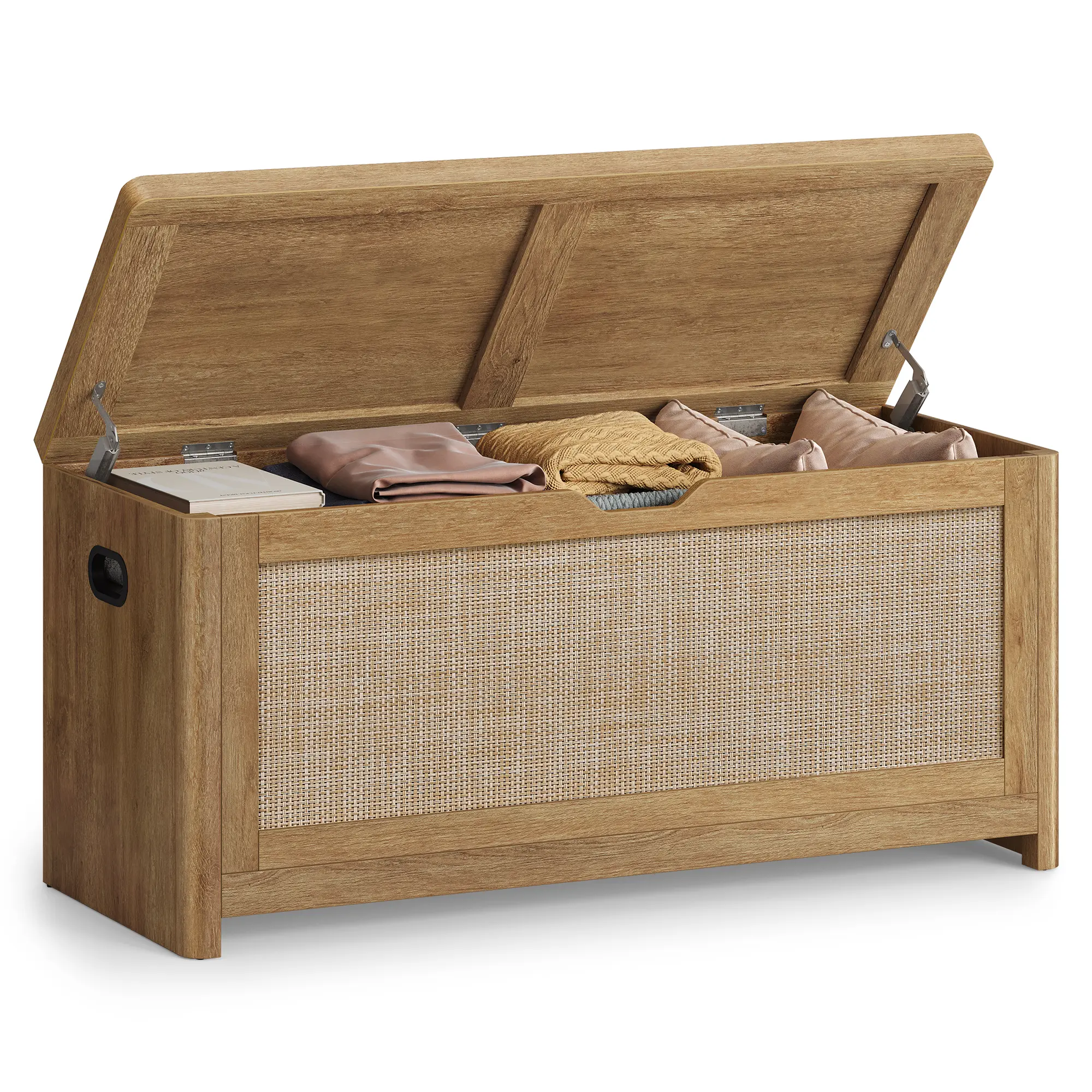 VASAGLE  - Boho Storage Bench with Rattan Look, Storage Chest with Rounded Corners, Blanket Chest and Trunk with Seat for Bedroom Entryway