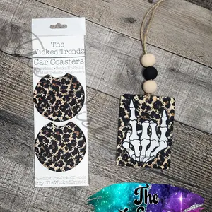 Leopard Print Skeleton Rock On Car Hanging Scented Car Air Freshener Freshie Cute Car Truck Accessories Car Charm Matching Car Coasters Set