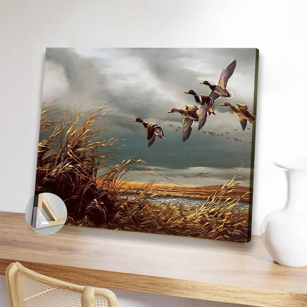 1pc Wooden Framed Hunting Flying Wild Ducks poster for Living Room, Bedroom, Kitchen, and Office Decor