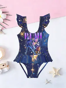 Girls' Magic Girl Group Printed Swimsuit, Ruffle One-Piece Quick-Dry Swimwear, Cute Fitted Design, All over Random Print, Swimsuit Style